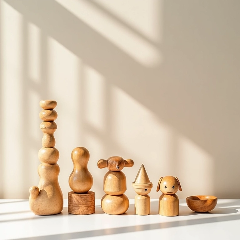 Brinquedos de madeira exibidos em um marketplace online.