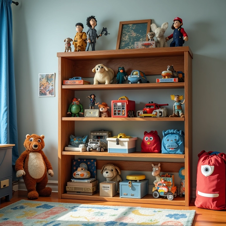 Brinquedos organizados em prateleiras em quarto infantil com tema de aventura.