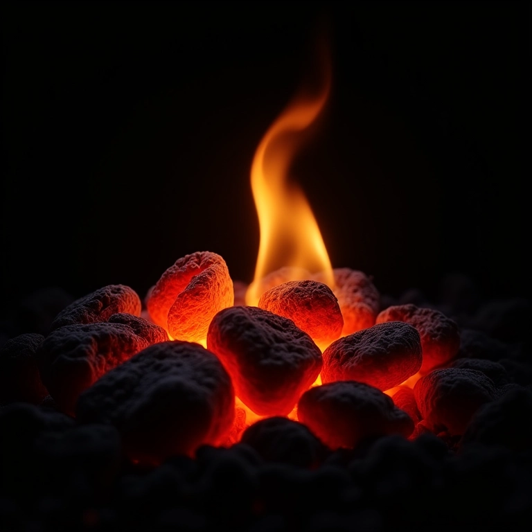 Briquetes de carvão em brasa, emitindo calor intenso.