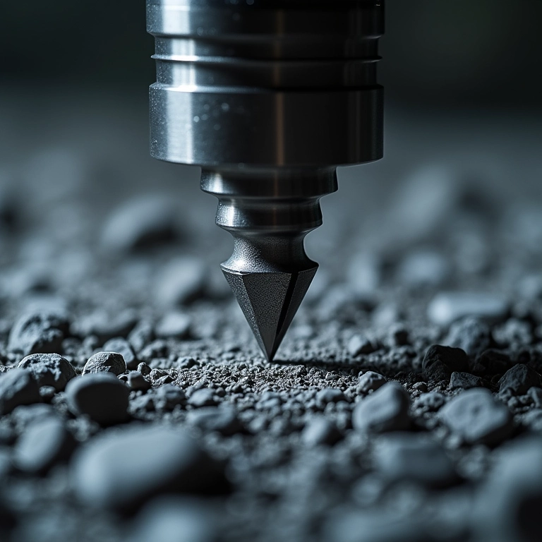 Broca com ponta de diamante cortando rocha dura, demonstrando a aplicação prática da dureza do diamante.