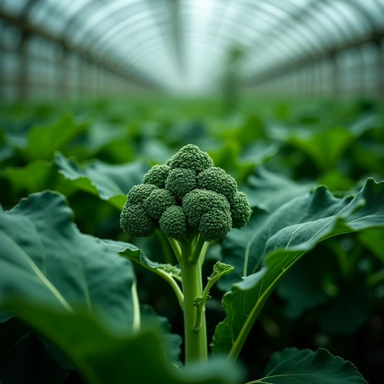 Brócolis crescendo em estufa com clima tropical.