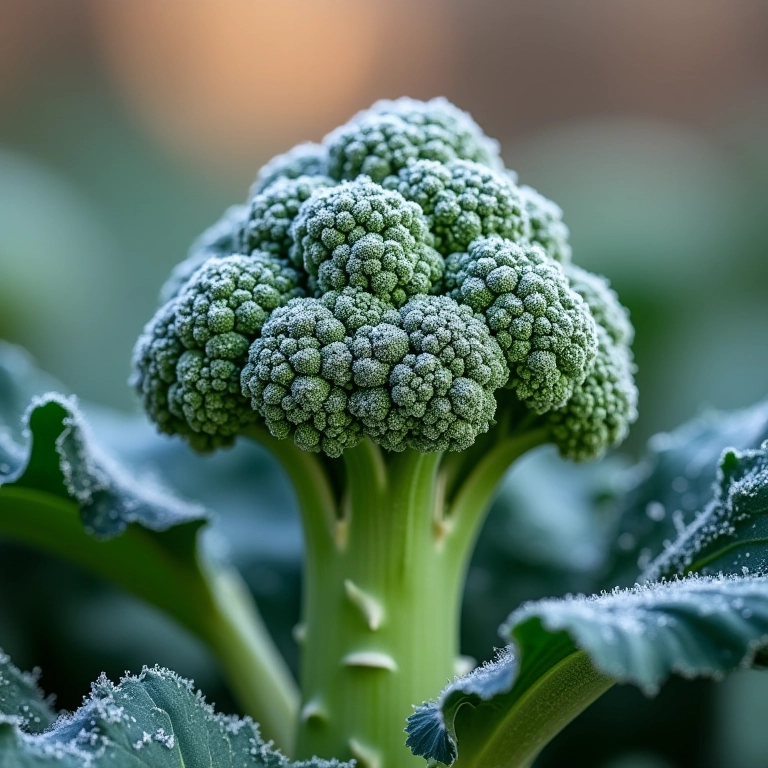 Brócolis crescendo na horta de inverno com geada nas floretes.