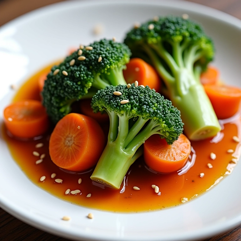 Brócolis e cenoura no vapor com molho de gergelim.