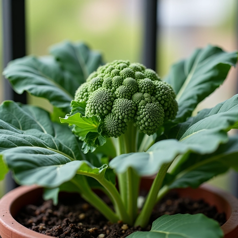 Brócolis plantado em vaso em varanda.