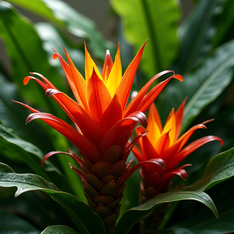 Bromélias em ambiente tropical vibrante.