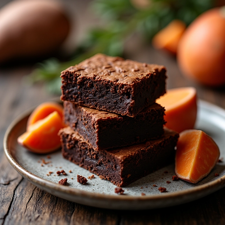 Brownie fit de batata doce e cacau em um prato, com detalhes da textura e ingredientes saudáveis.
