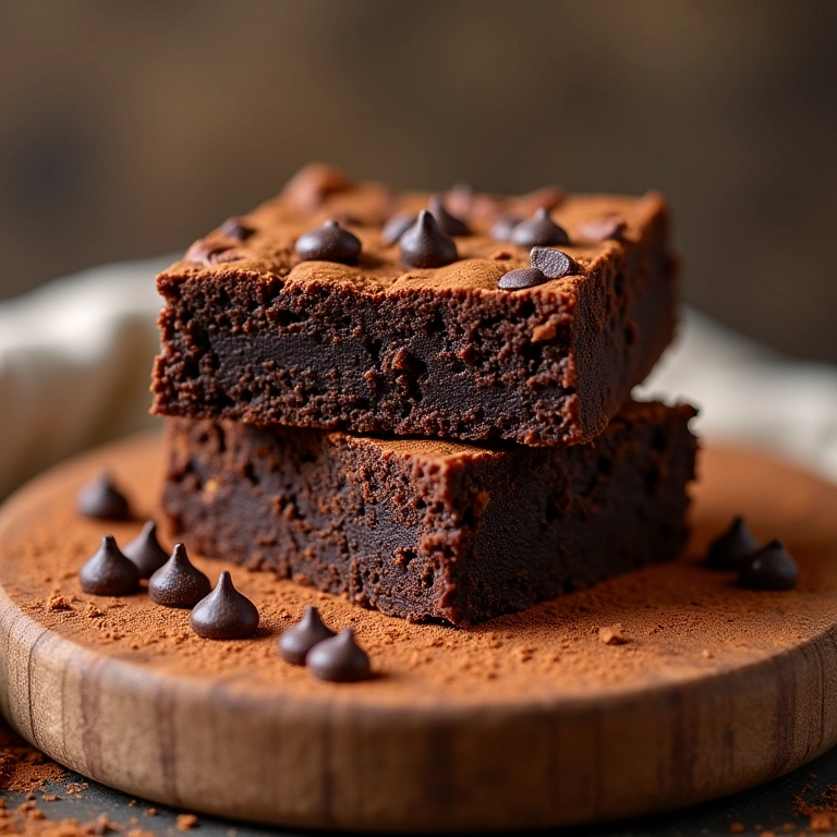 Brownie fit de grão de bico com gotas de chocolate e cacau em pó.