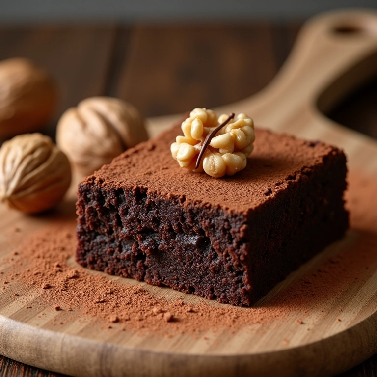 Brownie low carb com nozes em tábua de madeira, polvilhado com cacau.