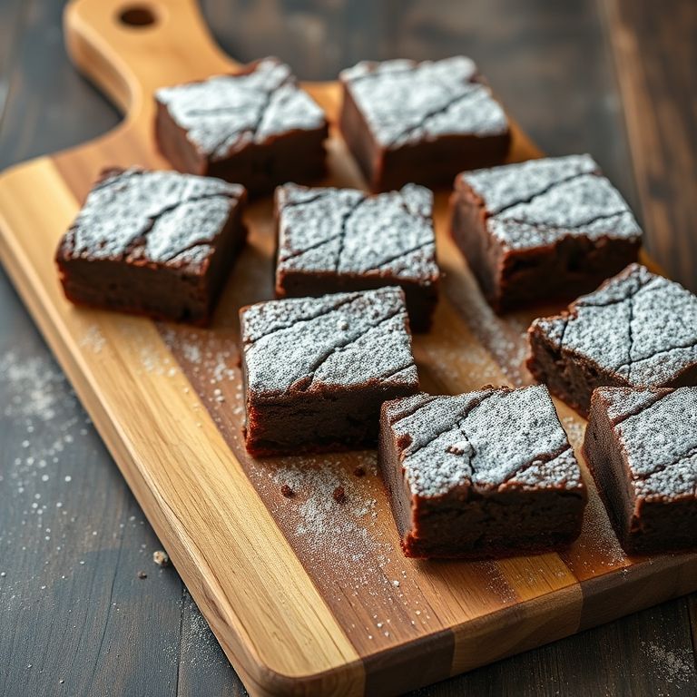 Brownies caseiros recém-assados em tábua de madeira.