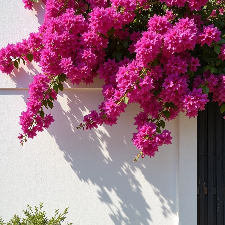 Buganvília rosa vibrante cobrindo um muro branco, em um dia ensolarado.