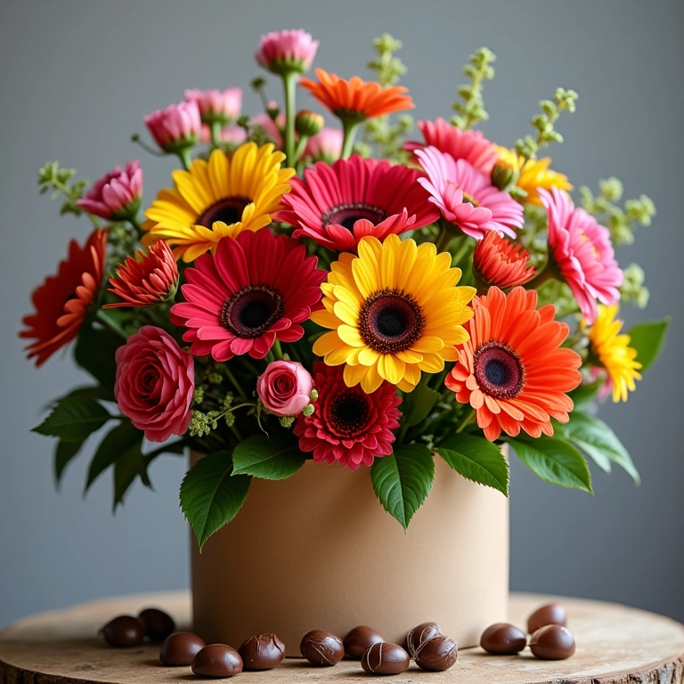 Buquê de flores vibrantes combinado com chocolates e doces gourmet em uma caixa.