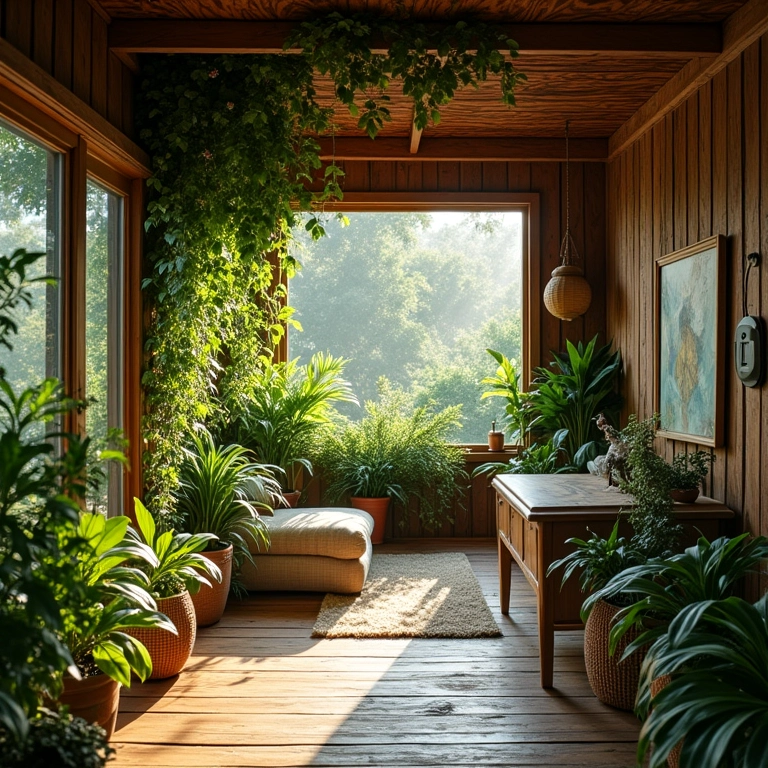 Cabana com plantas, flores e detalhes em madeira, conectada à natureza.