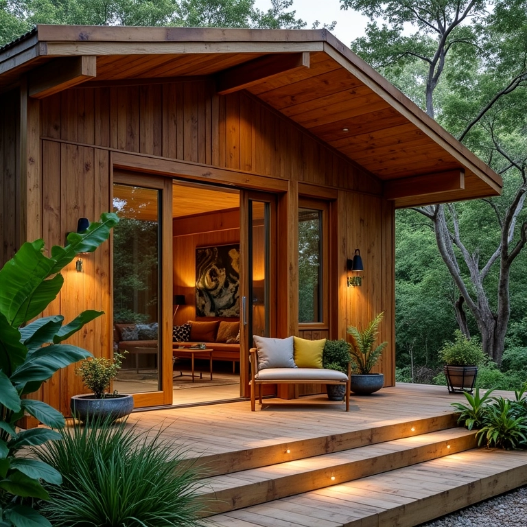Cabana sustentável com design ecológico e materiais reciclados.