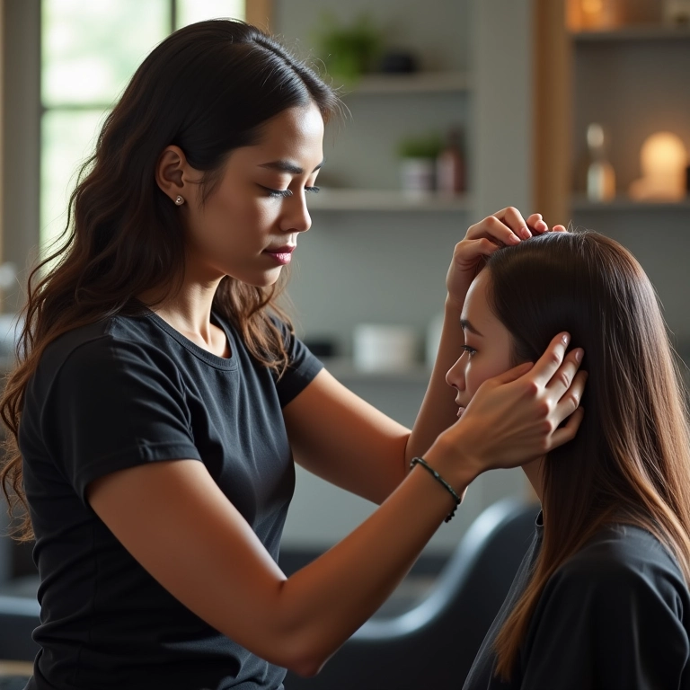 Cabeleireiro aplicando produto de selagem capilar em cliente.