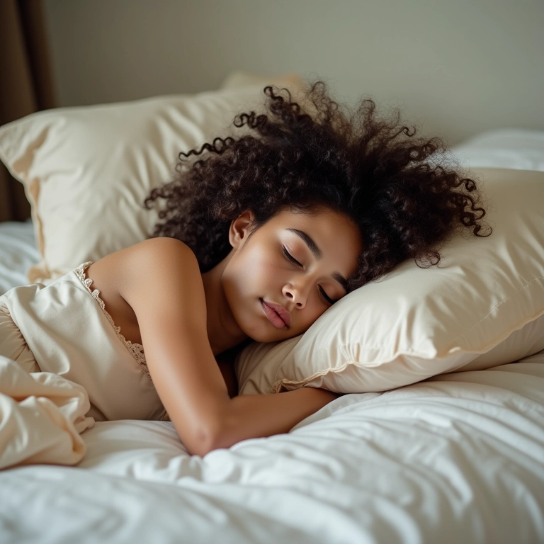 Cabelos cacheados protegidos durante o sono com touca de cetim.