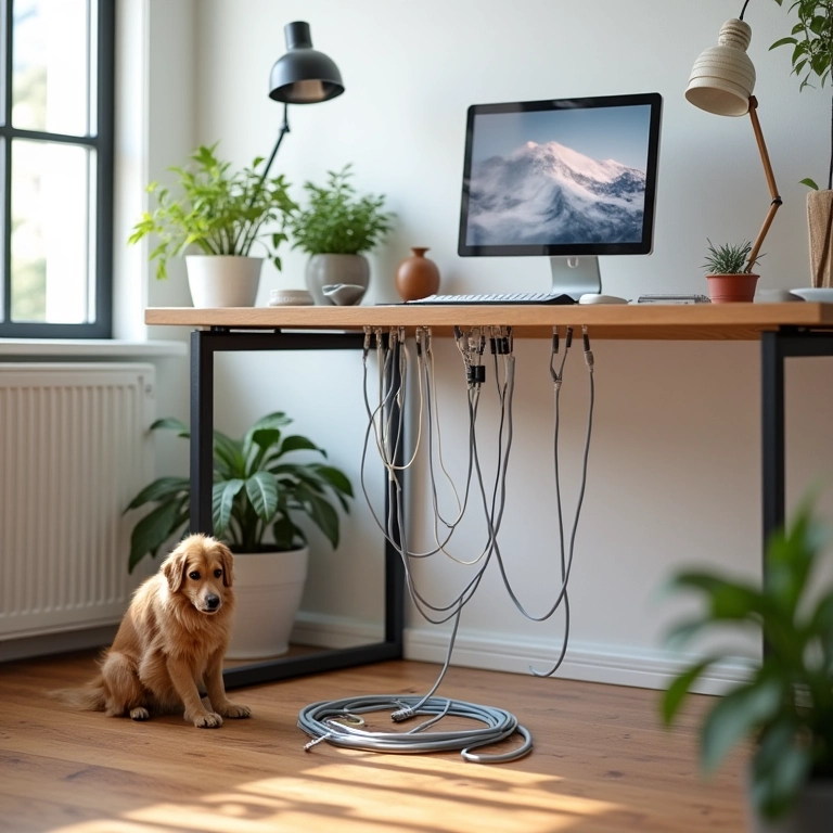 Cabos e fios organizados em um escritório com animais de estimação.