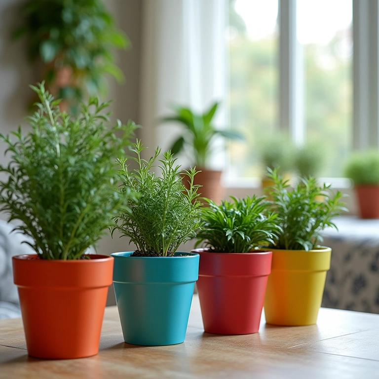 Cachepots coloridos exibindo plantas em jardim vertical em quarto.