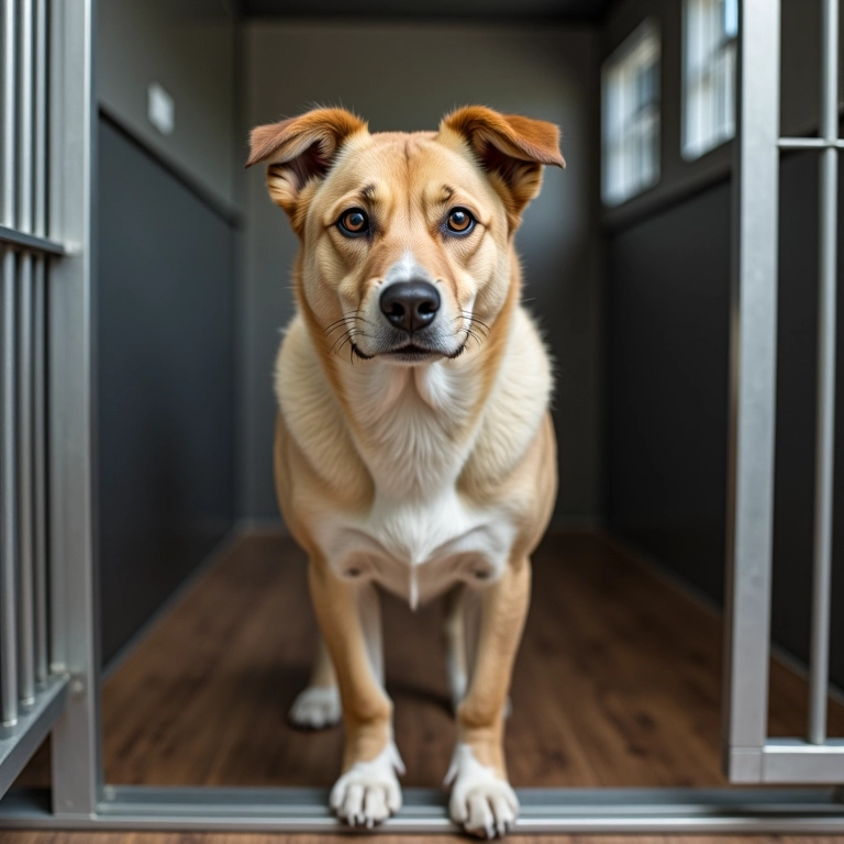 Cachorro em canil de tamanho ideal.