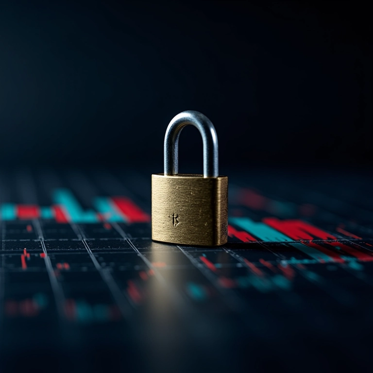 Cadeado e chave reforçada sobre gráficos da bolsa de valores, simbolizando a segurança nos investimentos.