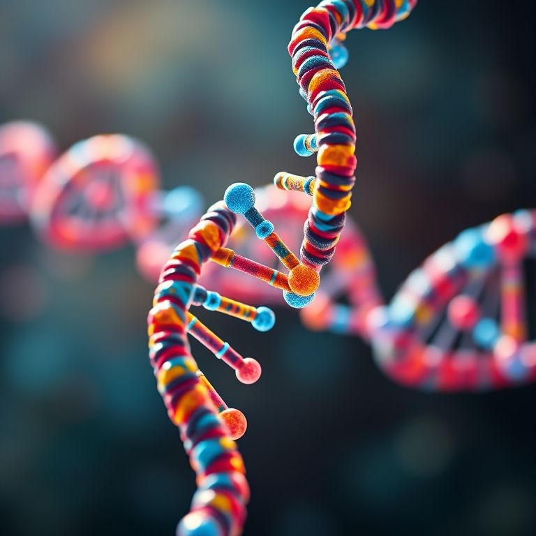 Cadeia de DNA com detalhes atômicos e cores vibrantes.