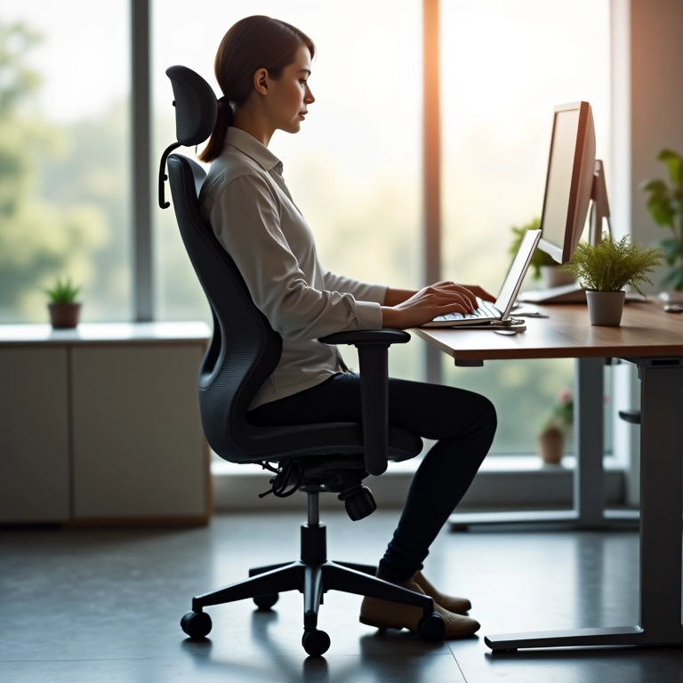 Cadeira de escritório ergonômica com mesa ajustável e luz natural.