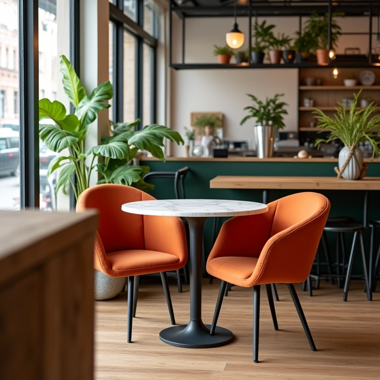 Cadeiras estilosas e confortáveis em um bistrô decorado com plantas.