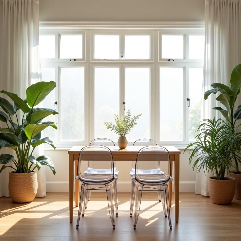 Cadeiras transparentes em sala de jantar pequena, truque de arquiteto.