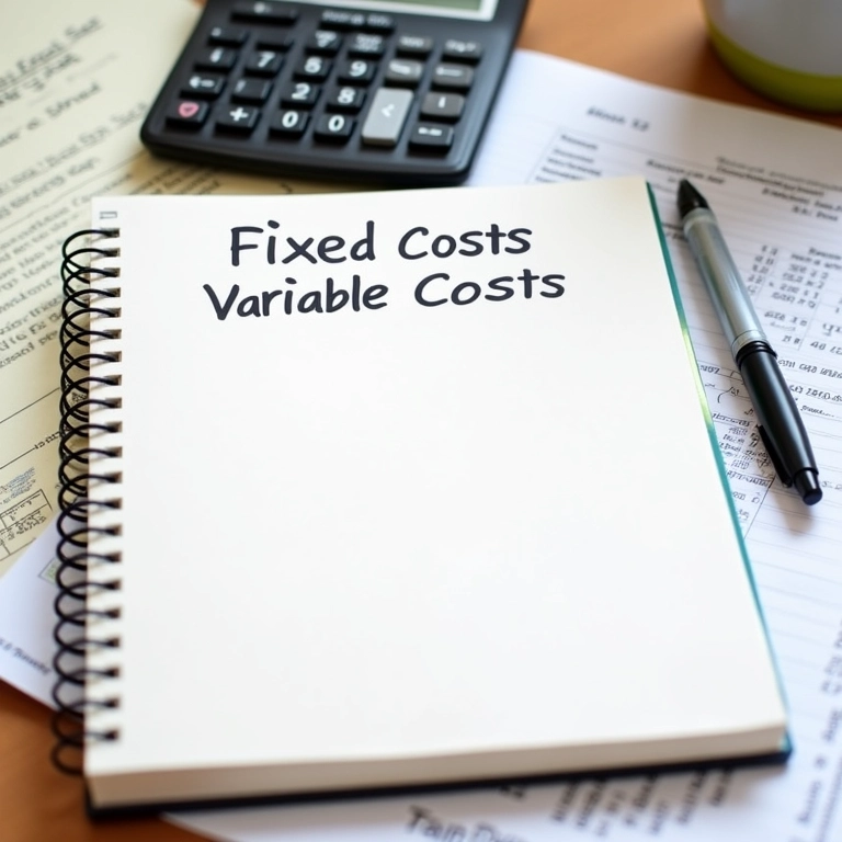 Caderno aberto com títulos 'Custos Fixos' e 'Custos Variáveis' em ambiente de trabalho.