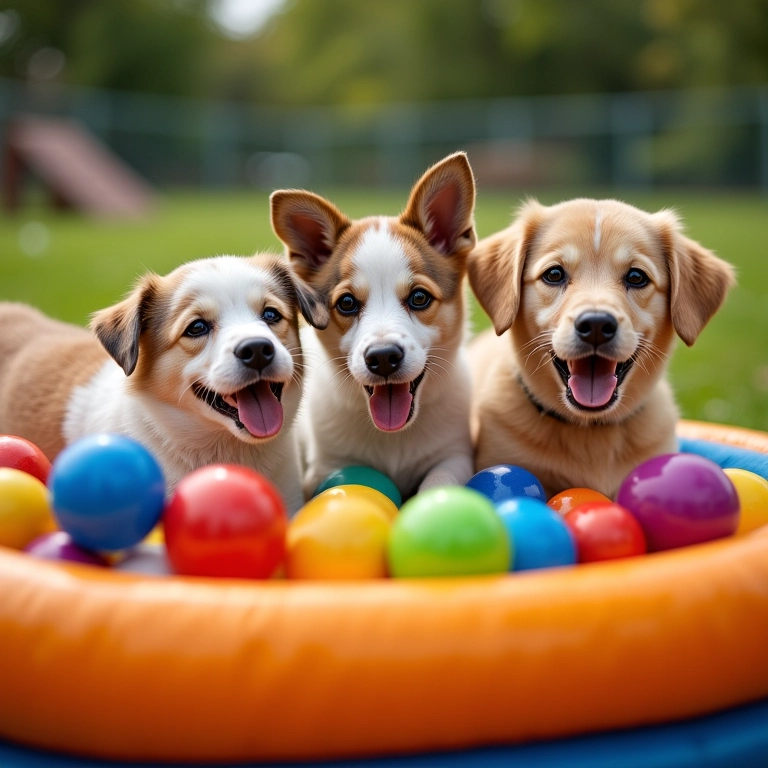 Cães brincando em uma piscina de bolinhas colorida em um dog park.
