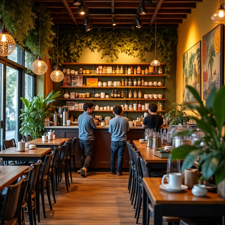 Cafeteria especializada com decoração brasileira vibrante e pessoas apreciando café.
