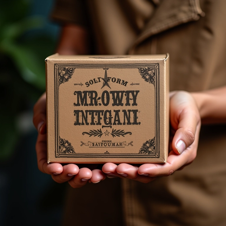 Caixa de produto com design vintage contando a história da marca.