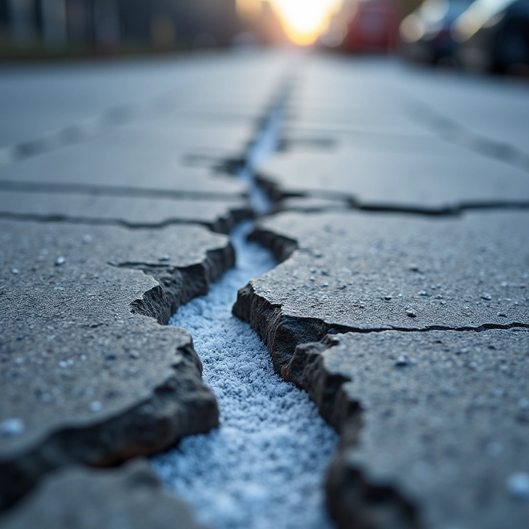 Calçada de concreto rachada com cristais de sal visíveis.