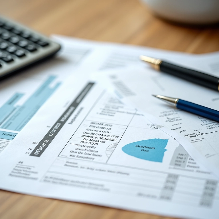 Calculadora, caneta e formulários de impostos sobre mesa de madeira, representando os custos envolvidos na bolsa.