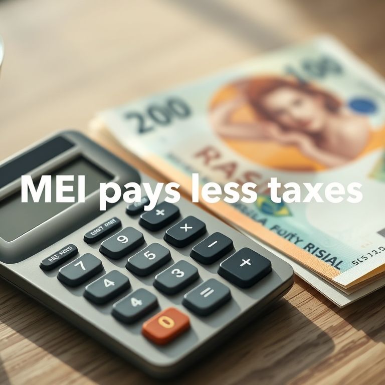 Calculadora com notas de Real e texto 'MEI paga menos impostos'.
