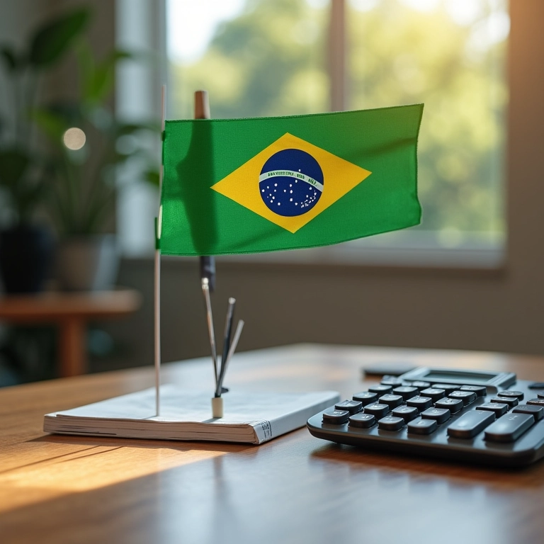 Calculadora e bandeira brasileira na mesa, representando o Simples Nacional.