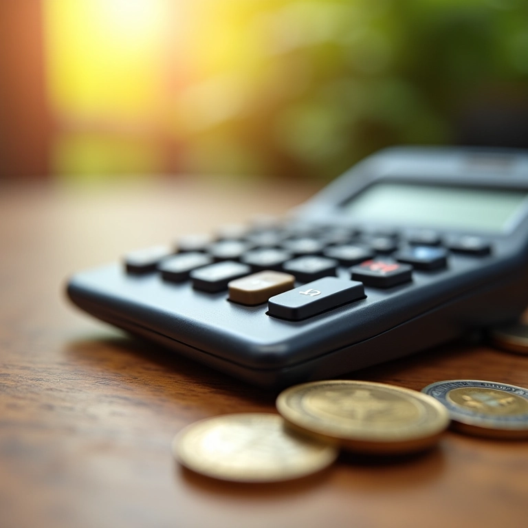 Calculadora e moedas em uma mesa de madeira, representando os custos de abrir um MEI.