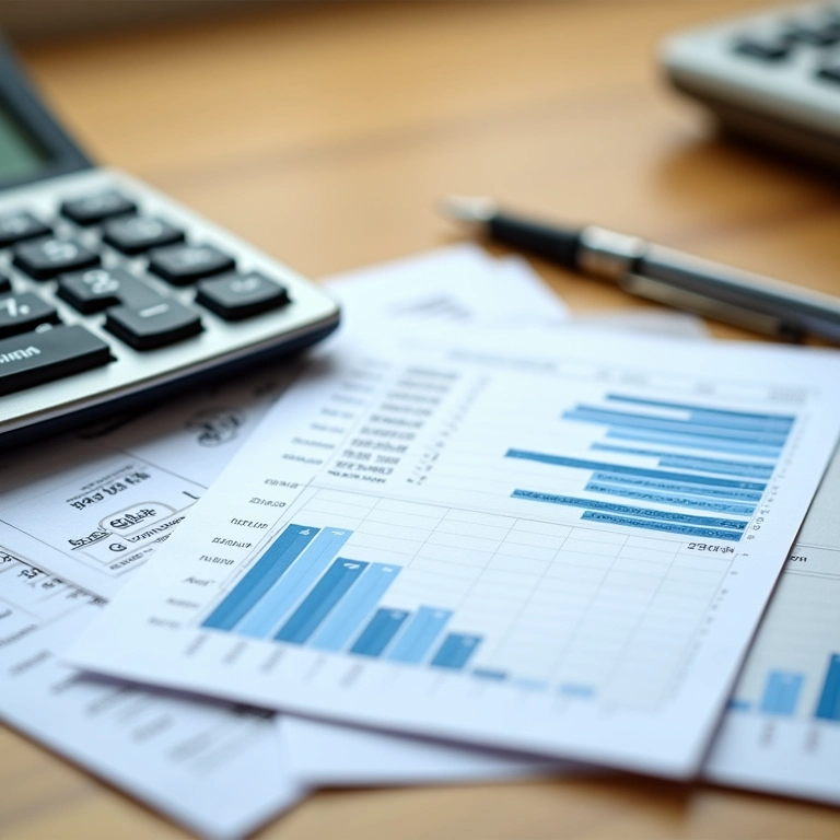 Calculadora e planilhas financeiras em uma mesa de madeira.