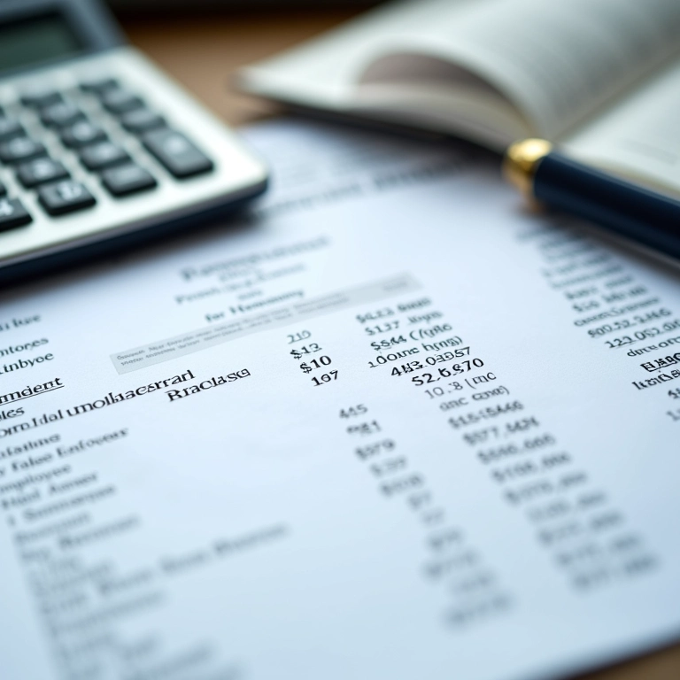 Calculadora, folha de pagamento e documentos financeiros representando custos de funcionário.