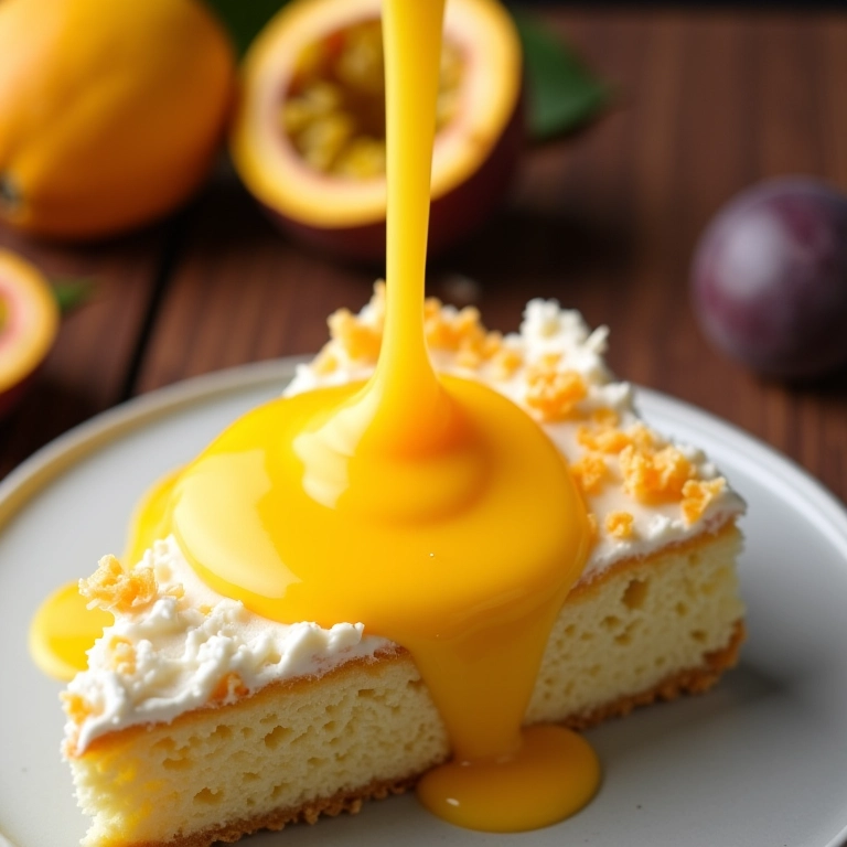 Calda cremosa de maracujá sendo derramada sobre o bolo.