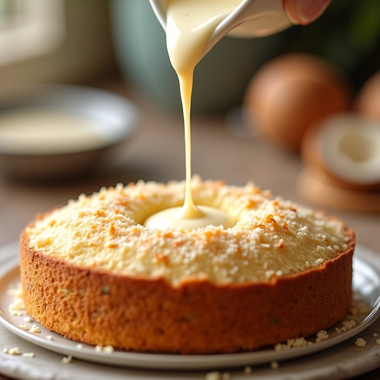 Calda de leite de coco sendo derramada sobre o bolo.