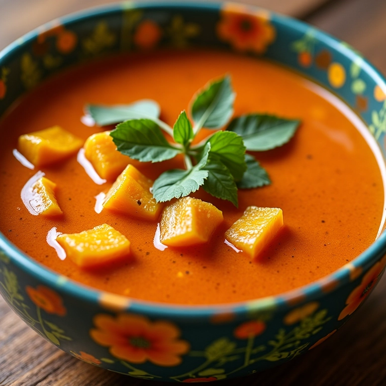 Caldo de carne com abóbora e gengibre em tigela colorida.