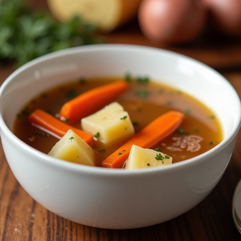Caldo de carne com batata e cenoura em tigela branca.