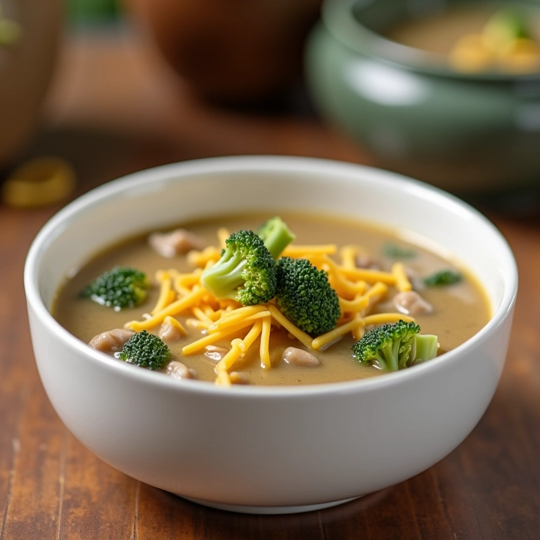 Caldo de carne com brócolis e queijo em tigela branca.