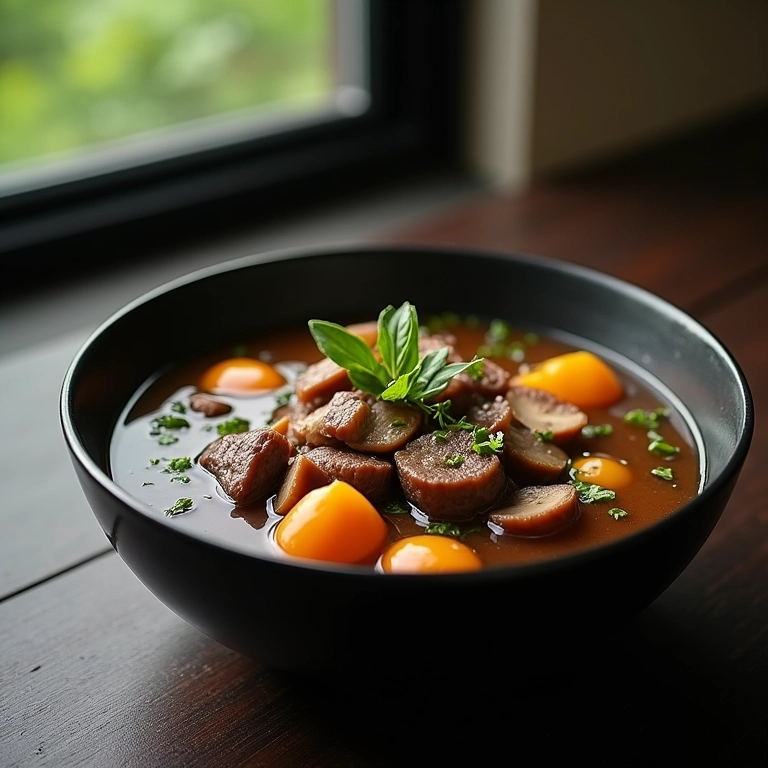 Caldo de carne com cogumelos e ervas em tigela preta.