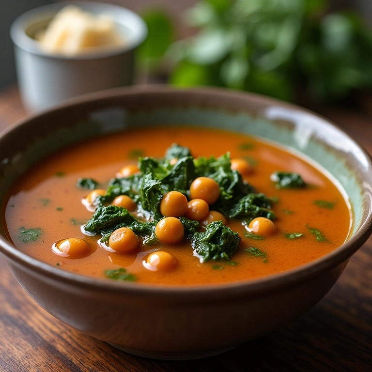 Caldo de carne com grão de bico e espinafre em tigela de cerâmica.