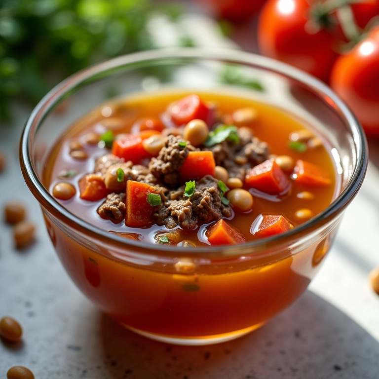 Caldo de carne com lentilha e tomate em tigela de vidro.