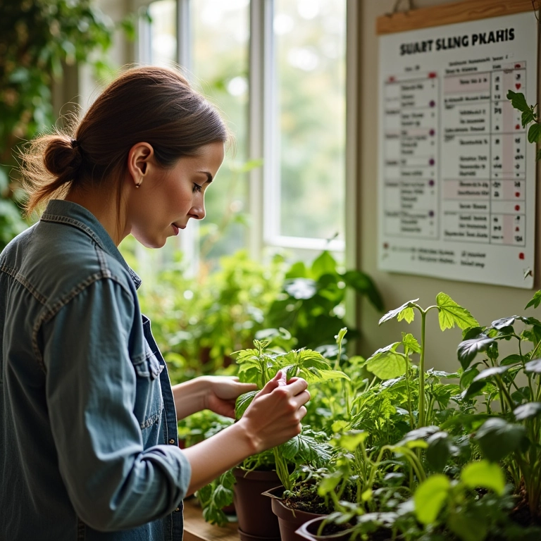 Calendário com épocas de plantio de hortaliças, mulher planejando horta em apartamento.
