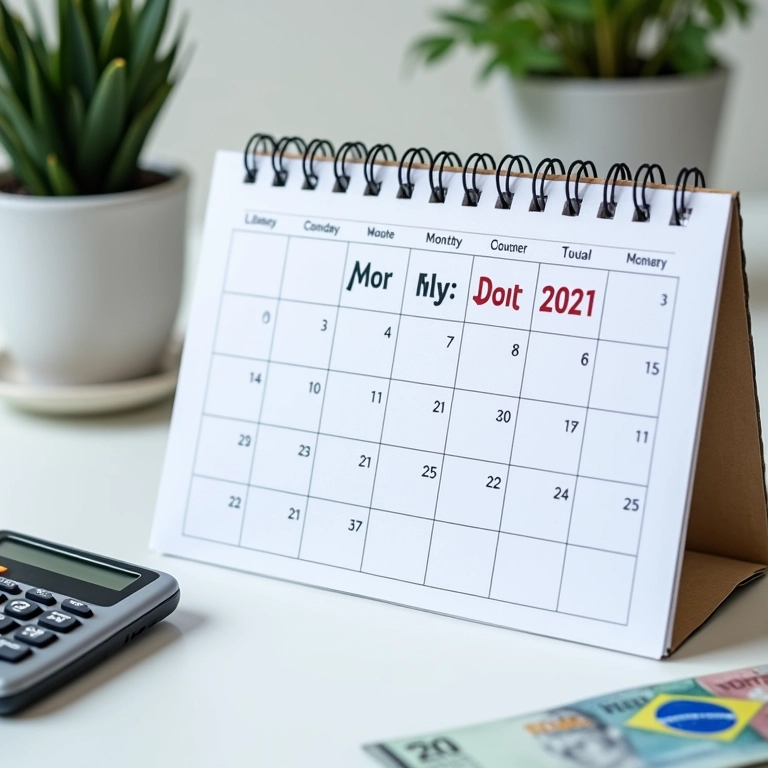 Calendário marcando data de pagamento mensal do MEI com calculadora e dinheiro.
