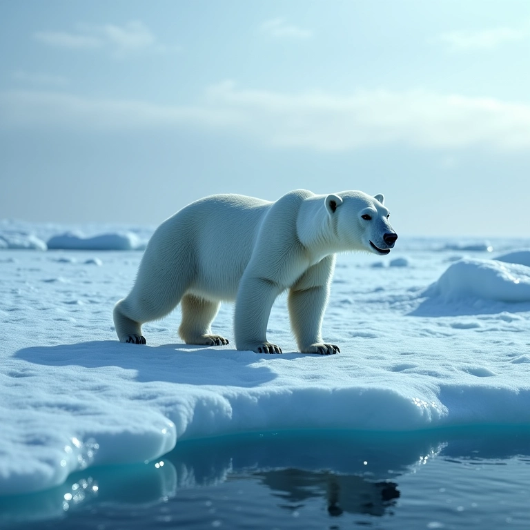 Calotas polares derretendo com um urso polar encalhado, simbolizando a perda de habitat.