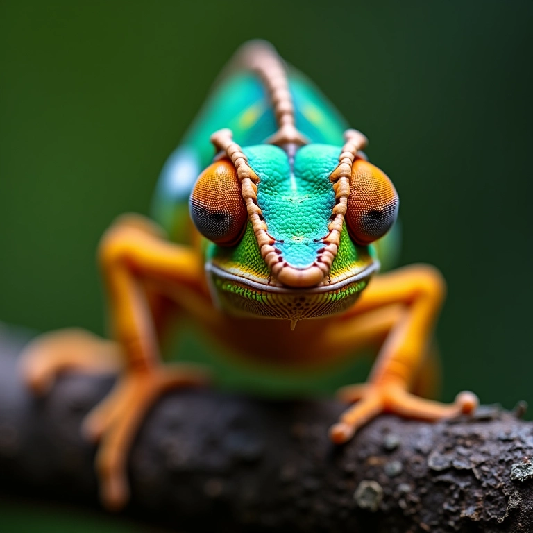 Camaleão caçando com cores vibrantes.